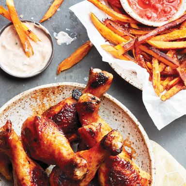 Sheet Pan Sriracha Drumsticks With Sweet Potato Fries