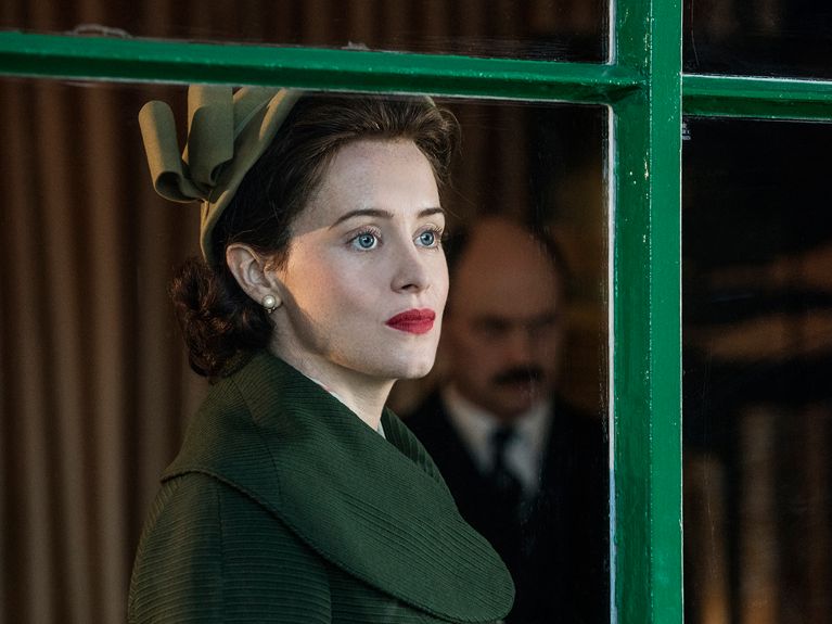 Production still from The Crown, where Queen Elizabeth II (Claire Foy) formally makes Philip (Matt Smith) a British Prince. The Crown Season Two