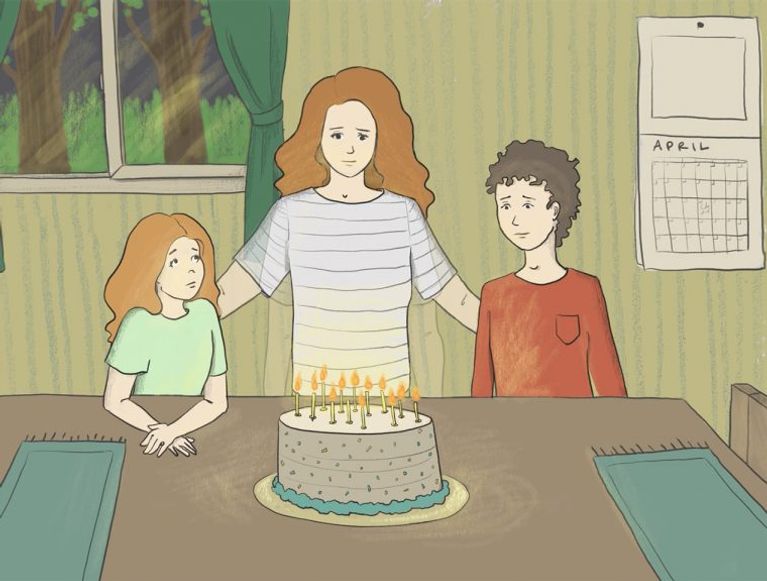 Parenting through grief illustration shows mom and two kids with a birthday cake looking sad