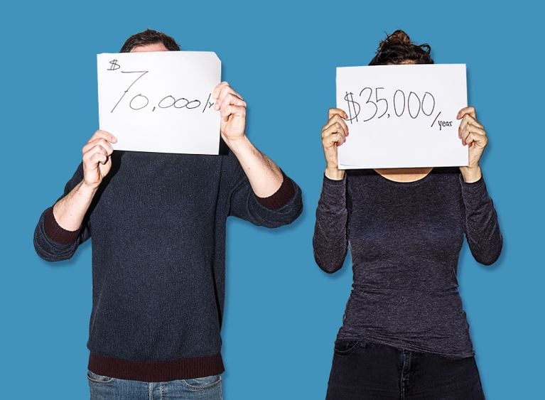 Male colleagues make more money illustrated by a man and a woman each holding a sign in front of their face detailing their salary - the woman's salary is lower