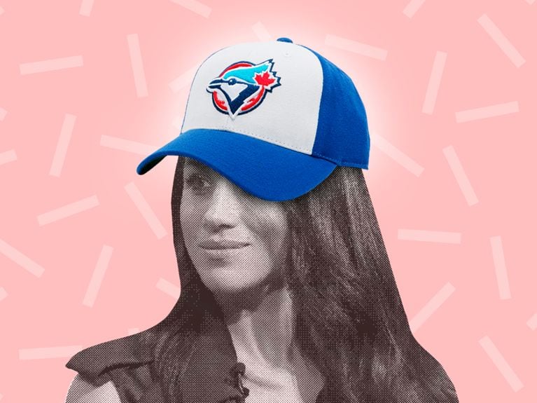 Meghan Markle in a Blue Jays cap on a pink background