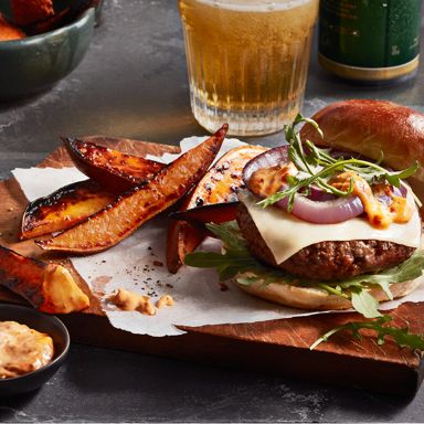 Smoky Harissa Burgers With Grilled Sweet Potatoes
