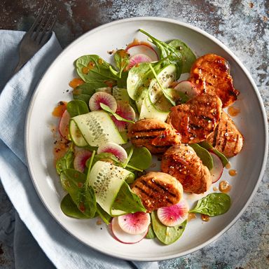 Saucy BBQ pork tenderloin with radish cucumber salad