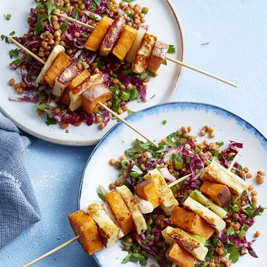 Halloumi And Sweet Potato Skewers With Lentil Salad