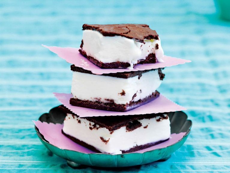 a stack of brownie ice cream sandwiches for a brownie ice cream sandwich recipe
