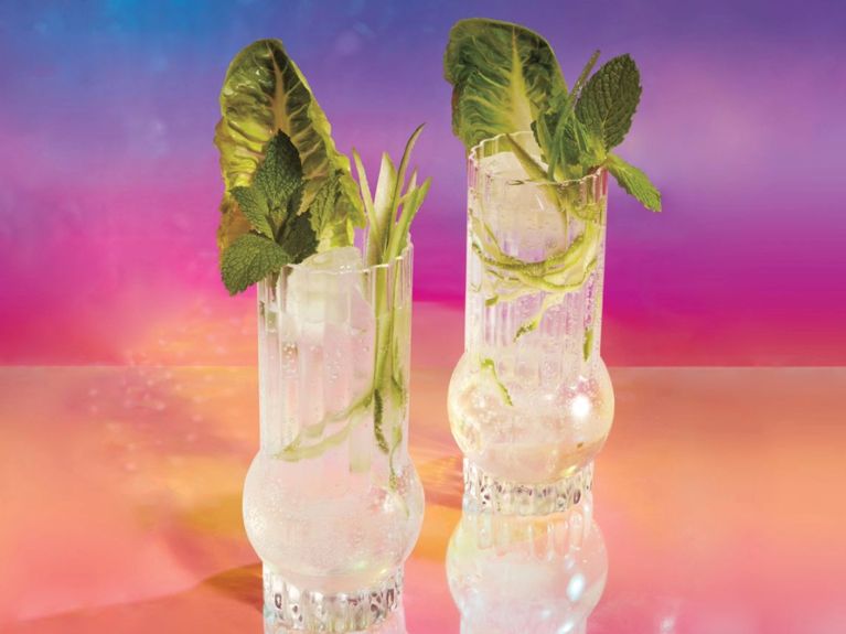 Two highball glasses filled with crushed ice and mint vinegar syrup, topped with sparkling water. They are garnished with julienned cucumber and lettuce leaves.
