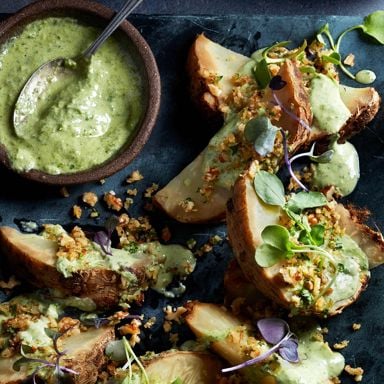 Whole-Roasted Celeriac With Tahini Herb Sauce