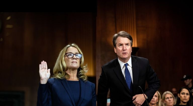 Dr. Christine Blasey Ford (left) at a Senate Judiciary Committee hearing. Brett Kavanaugh (right) testifies later in the day