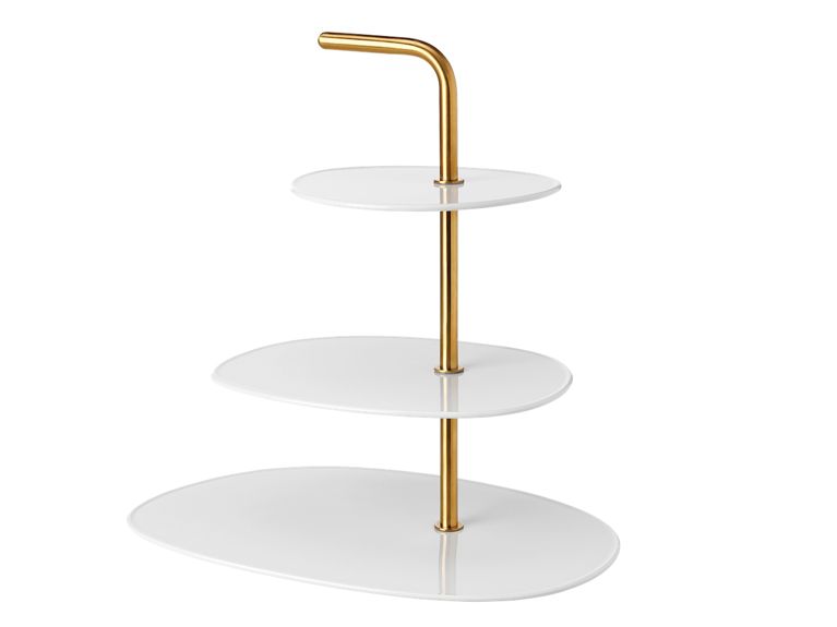 Holiday Gift Guide 2018 three-tiered serving platter with brass coloured handle and white platters