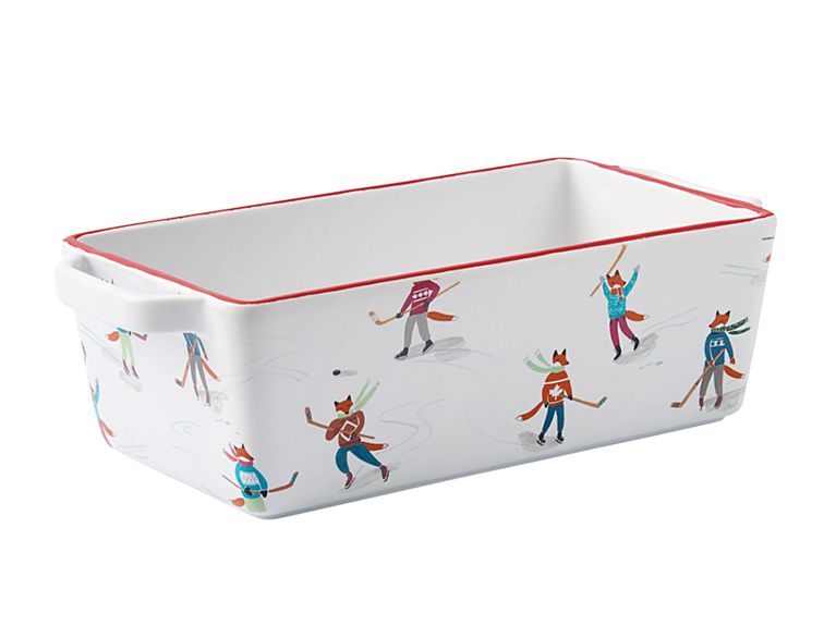 Holiday Gift Guide 2018 white loaf pan with pattern of skating foxes