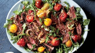 Pan-fried flank steak with arugula salad