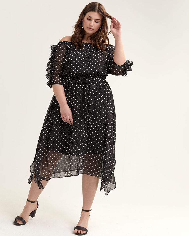 Addition Elle Off-the-Shoulder Ruffle-Sleeve Dot Dress
