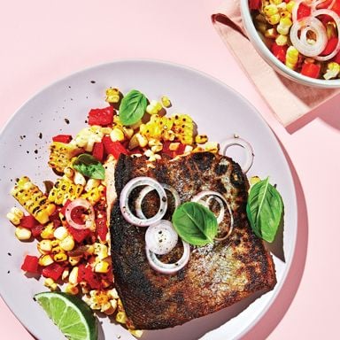 Grilled fish with corn and peppers