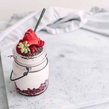 Naturally Sweetened Tofu Pudding with Strawberry, Almond, Pomegranate and Chia Topping