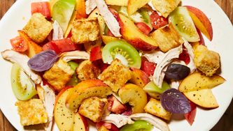 Cornbread Panzanella Salad with Peaches, Chicken & Tomatoes