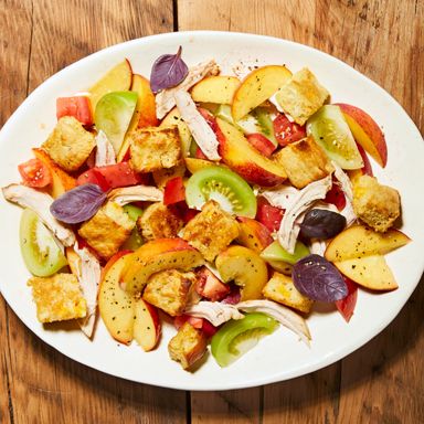 Cornbread Panzanella Salad with Peaches, Chicken & Tomatoes