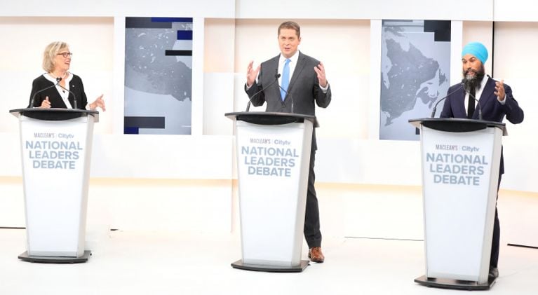 the Maclean’s and Citytv Federal Leaders Debate in Toronto, featuring Elizabeth May, Jagmeet Singh, and Andrew Scheer.