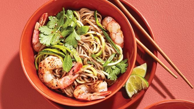 Togarashi Shrimp, Spiralized Zucchini And Soba Bowls