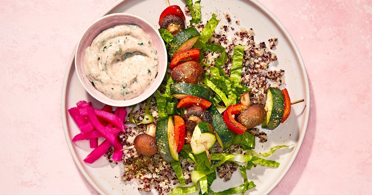 Vegan Vegetable Kebabs with Creamy Lemon-Garlic Sauce - Chatelaine