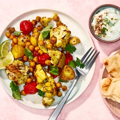 Sheet Pan Aloo Gobi And Chickpeas With Coconut Raita