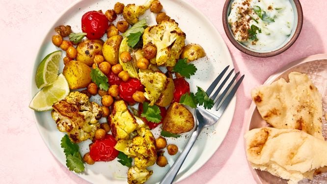 Sheet Pan Aloo Gobi And Chickpeas With Coconut Raita