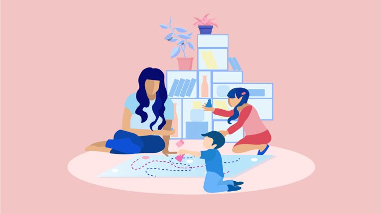 An illustration of a woman playing with two children to illustrate a piece on women leaving the workforce during the pandemic
