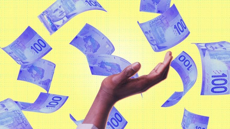 An upraised hand with $100 bills floating in the background