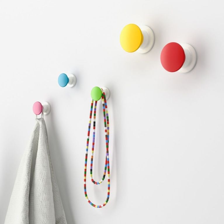 A photo of Ikea's LOSJÖN Hanger, mixed colors $8.99/ 5 pack for a piece on how to organize masks