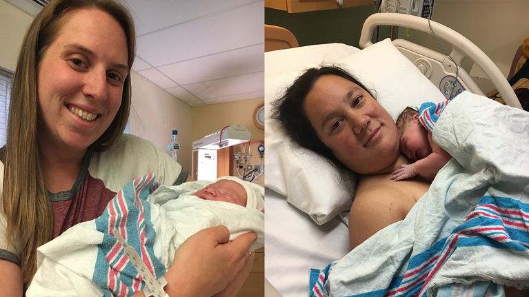 Cara (left) with baby Aria; Natasha with baby Easton.