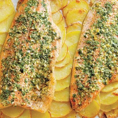 Baked Rainbow Trout Fillets With Potato Tiles