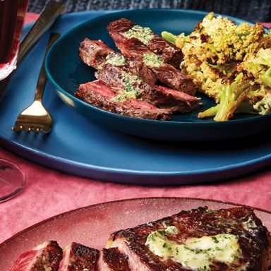 Steak with Garlic-Herb Butter and Roasted Parmesan Caulilini