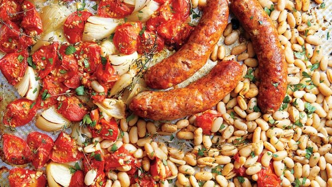 Sheet Pan Italian Sausage, Bean And Tomato Tray Bake