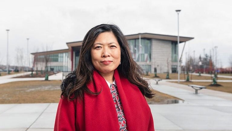 Ng, Minister of Small Business, Export Promotion and International Trade, in front of the Aaniin Community Centre in Markham, Ont. (Photograph by Lucy Lu)