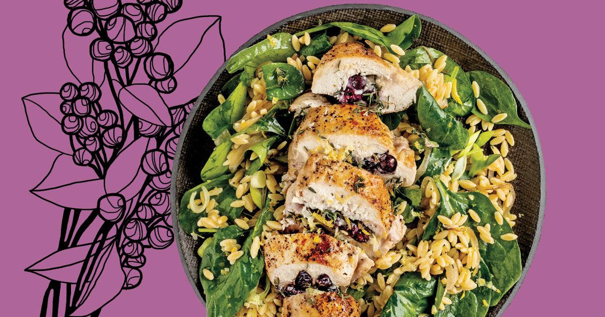 Saskatoon Berry And Brie Stuffed Chicken Breast Over Orzo Spinach Salad
