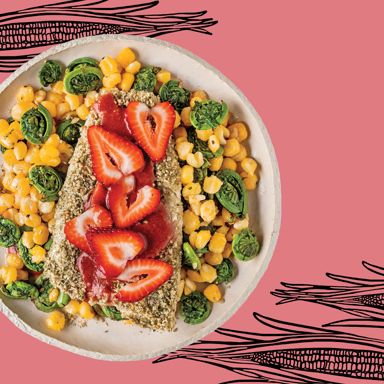 Strawberry Sassafras Glazed Pickerel Over Fiddleheads And Hominy