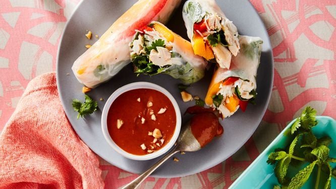 Chicken And Mango Rice Rolls With Satay Peanut Sauce
