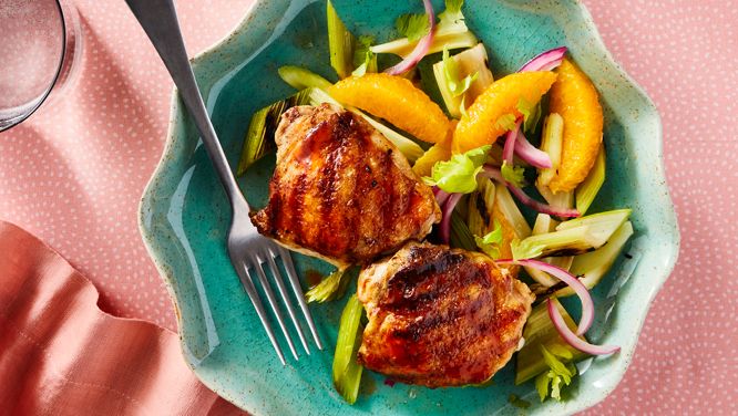 Crispy Chicken Thighs With Grilled Celery And Orange Salad