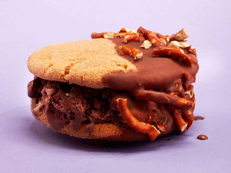 Chocolate-pretzel ice cream sandwich