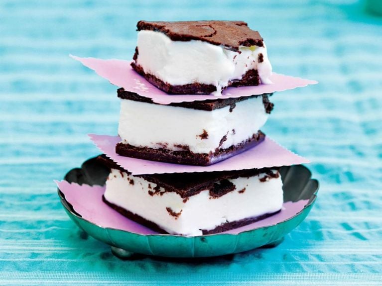 a stack of brownie ice cream sandwiches for a brownie ice cream sandwich recipe