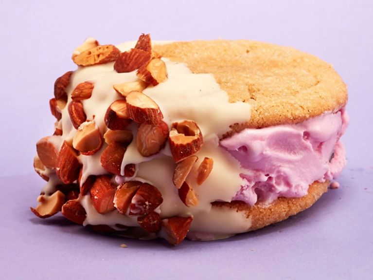 peanut butter cookie Almond-cherry ice cream sandwich