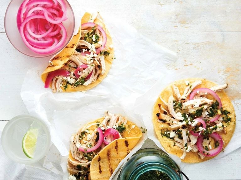 Mexican chicken tacos made with Mexican chicken tacos, garlic, pickled red onions, dried oregano, soft corn or flour tortillas for a post on an easy chicken taco recipes