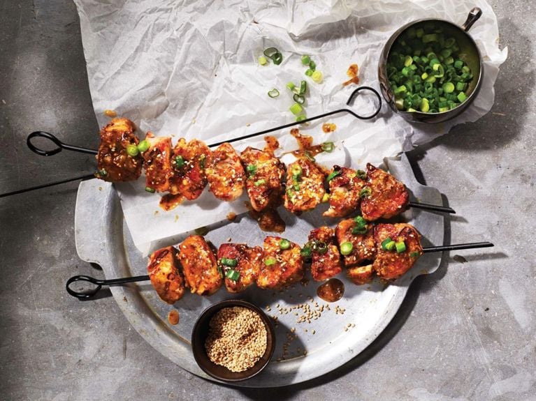 Miso-maple pork skewers