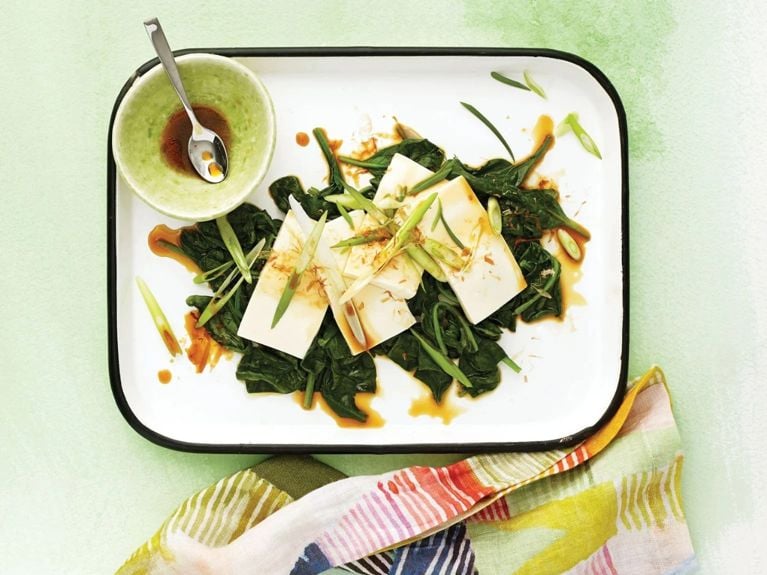Chilled tofu with ginger-sesame spinach