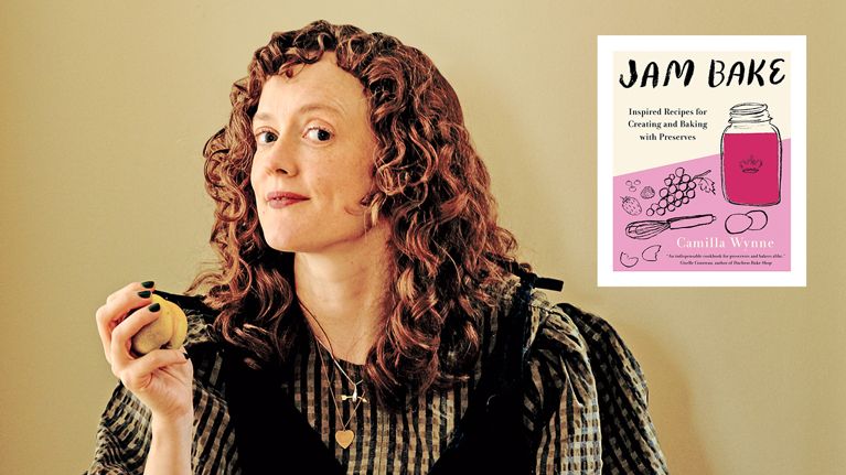 A portrait of Jam Bake author Camilla Wynne holding a plum alongside a photo of her cookbook