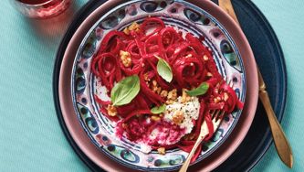Beet Pasta With Creamy Ricotta, Walnuts And Basil
