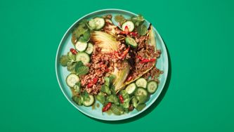 Roasted Cabbage with Pork Larb Salad