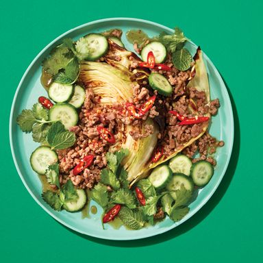 Roasted Cabbage with Pork Larb Salad