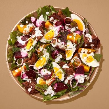 Roasted Beet And Egg Salad with Rye Croutons