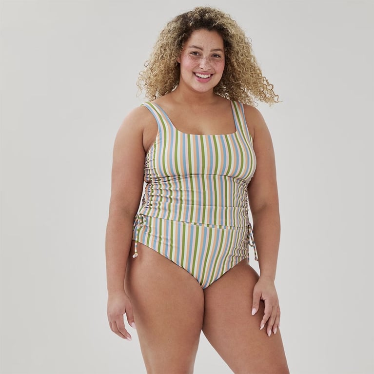 Joe Fresh Striped Side Cinched Tankini and Striped Bikini Bottom for an article about the best Canadian swimsuits
