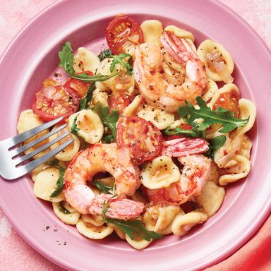 Orecchiette with Shrimp, Arugula and Cherry Tomatoes